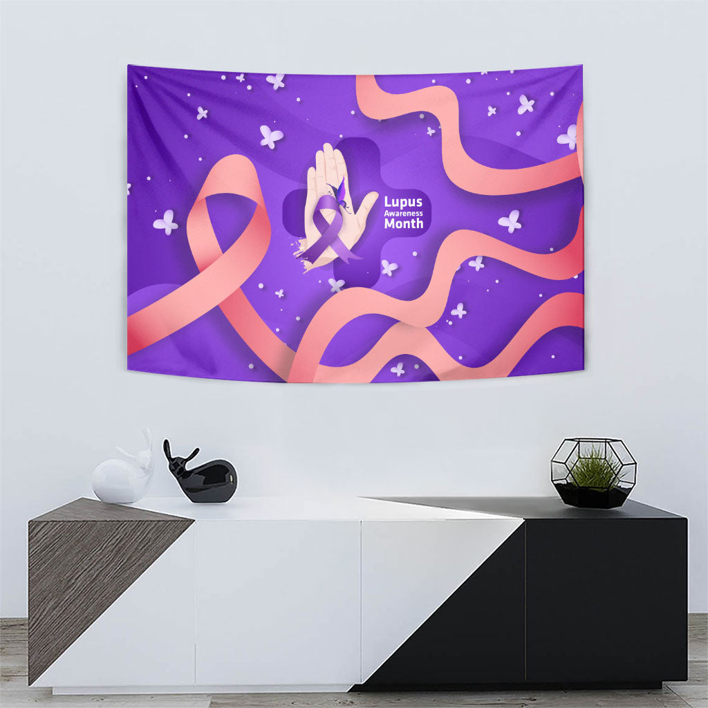Lupus Awareness Tapestry Her Fight Is My Fight - Purple Ribbon Butterfly Wave Style