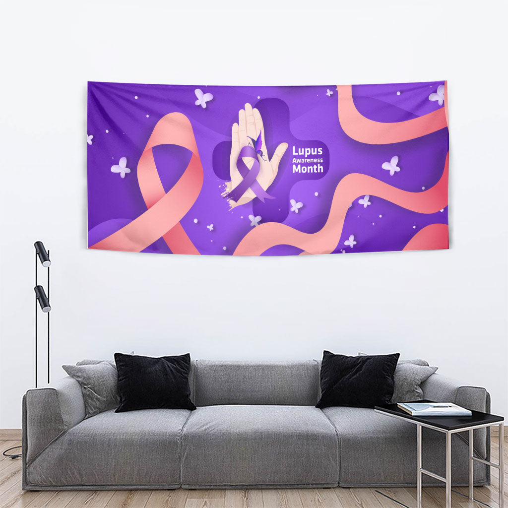 Lupus Awareness Tapestry Her Fight Is My Fight - Purple Ribbon Butterfly Wave Style