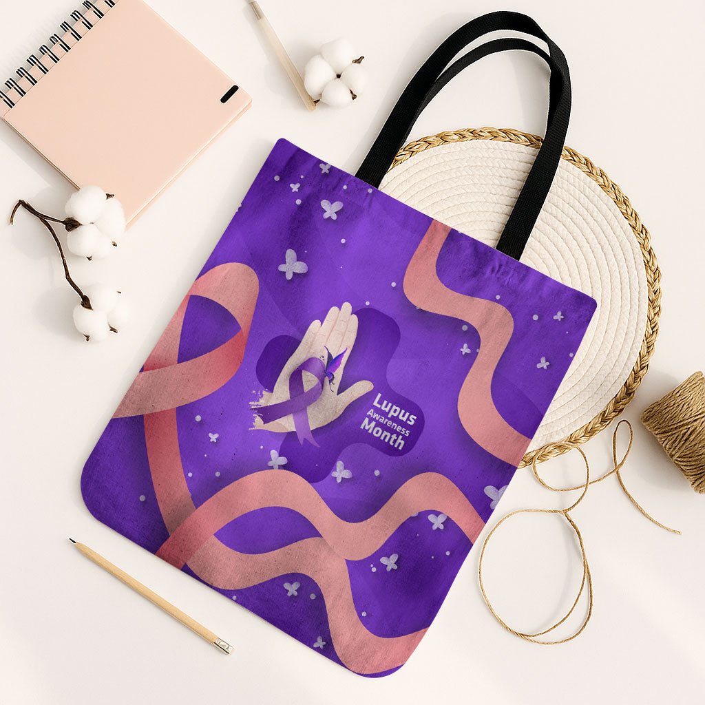 Lupus Awareness Tote Bag Her Fight Is My Fight - Purple Ribbon Butterfly Wave Style
