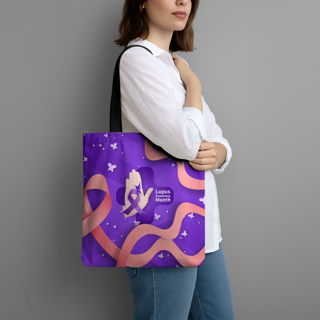 Lupus Awareness Tote Bag Her Fight Is My Fight - Purple Ribbon Butterfly Wave Style