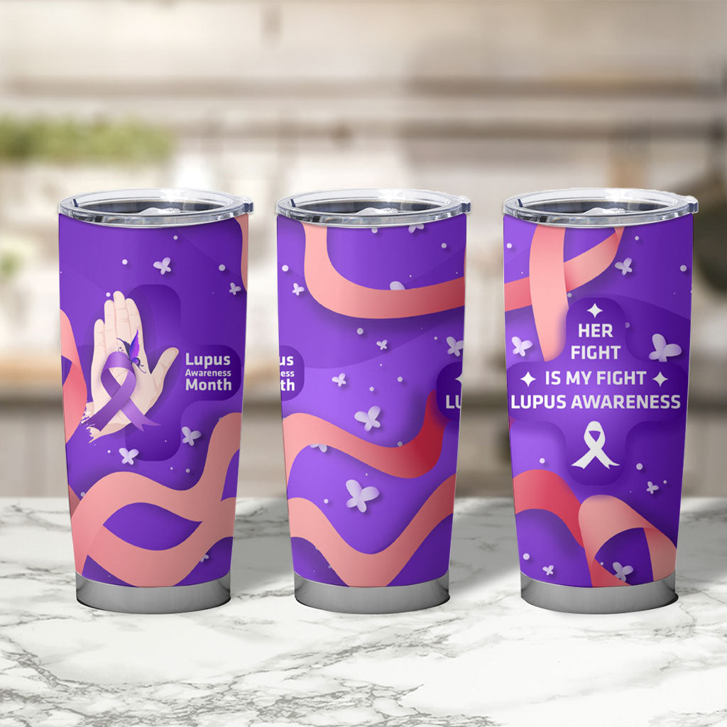 Lupus Awareness Tumbler Cup Her Fight Is My Fight - Purple Ribbon Butterfly Wave Style