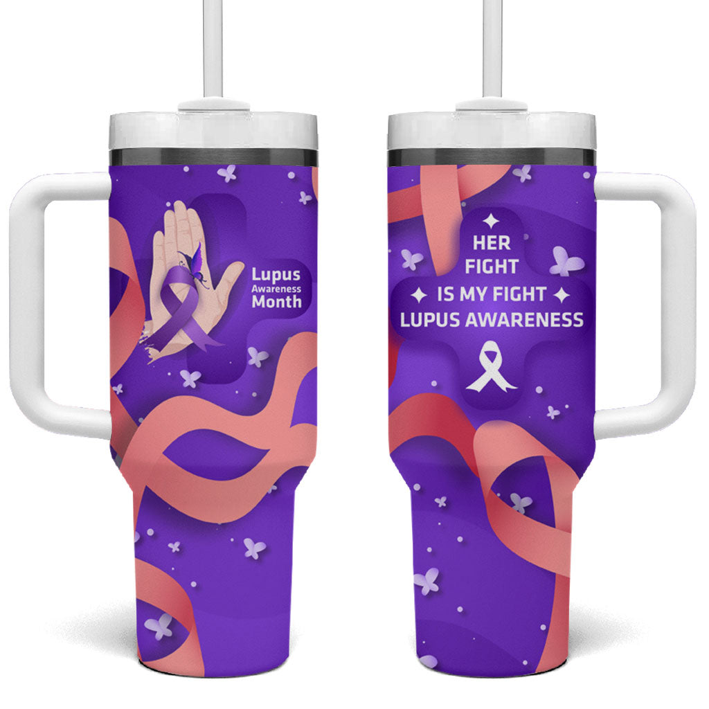 Lupus Awareness Tumbler With Handle Her Fight Is My Fight - Purple Ribbon Butterfly Wave Style