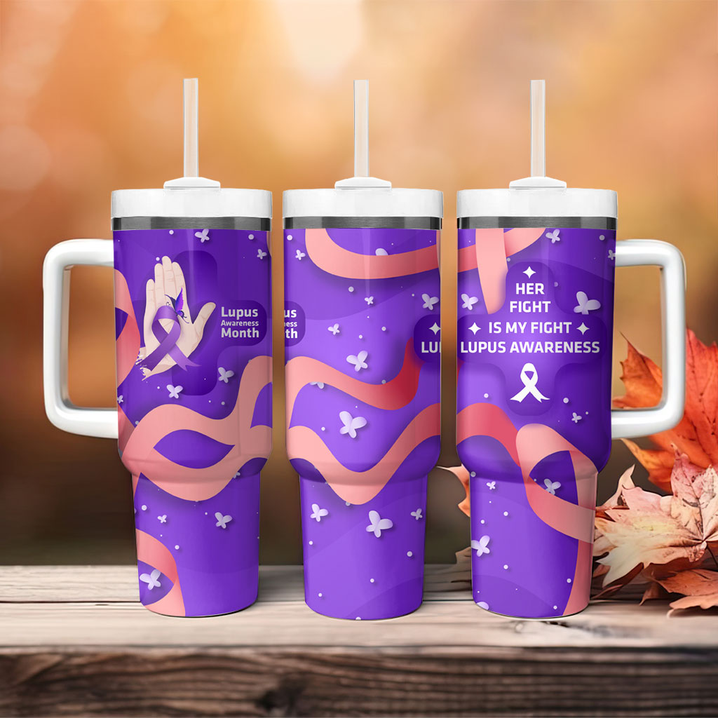 Lupus Awareness Tumbler With Handle Her Fight Is My Fight - Purple Ribbon Butterfly Wave Style