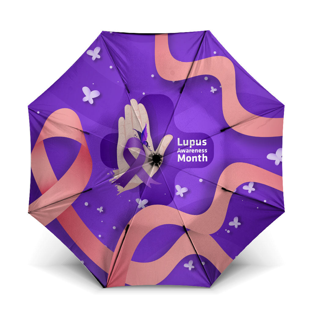 Lupus Awareness Umbrella Her Fight Is My Fight - Purple Ribbon Butterfly Wave Style