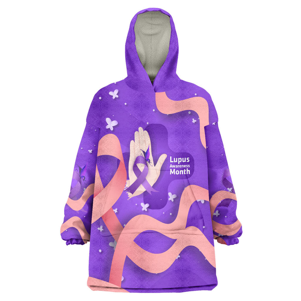 Lupus Awareness Wearable Blanket Hoodie Her Fight Is My Fight - Purple Ribbon Butterfly Wave Style