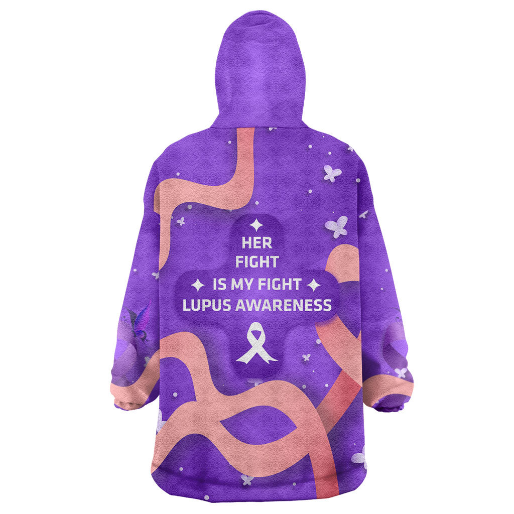 Lupus Awareness Wearable Blanket Hoodie Her Fight Is My Fight - Purple Ribbon Butterfly Wave Style