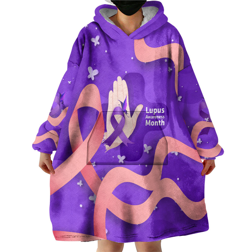 Lupus Awareness Wearable Blanket Hoodie Her Fight Is My Fight - Purple Ribbon Butterfly Wave Style