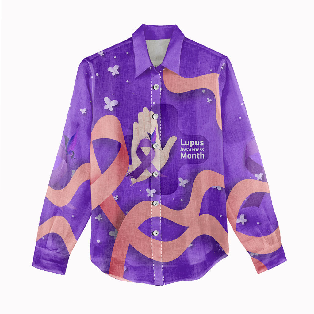 Lupus Awareness Women Casual Shirt Her Fight Is My Fight - Purple Ribbon Butterfly Wave Style