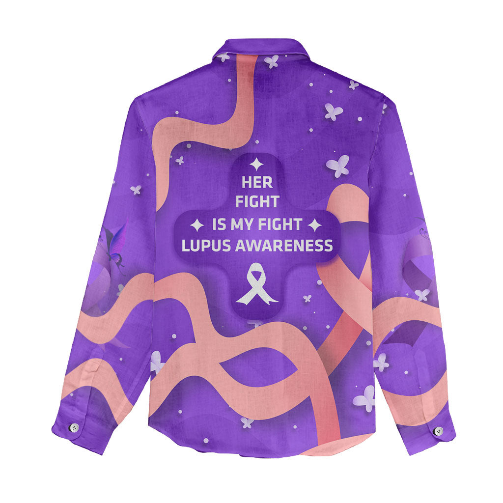 Lupus Awareness Women Casual Shirt Her Fight Is My Fight - Purple Ribbon Butterfly Wave Style