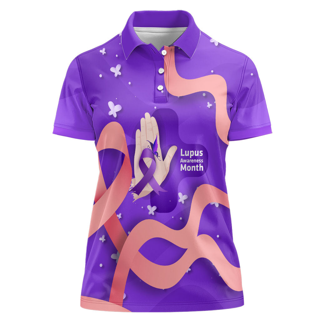 Lupus Awareness Women Polo Shirt Her Fight Is My Fight - Purple Ribbon Butterfly Wave Style