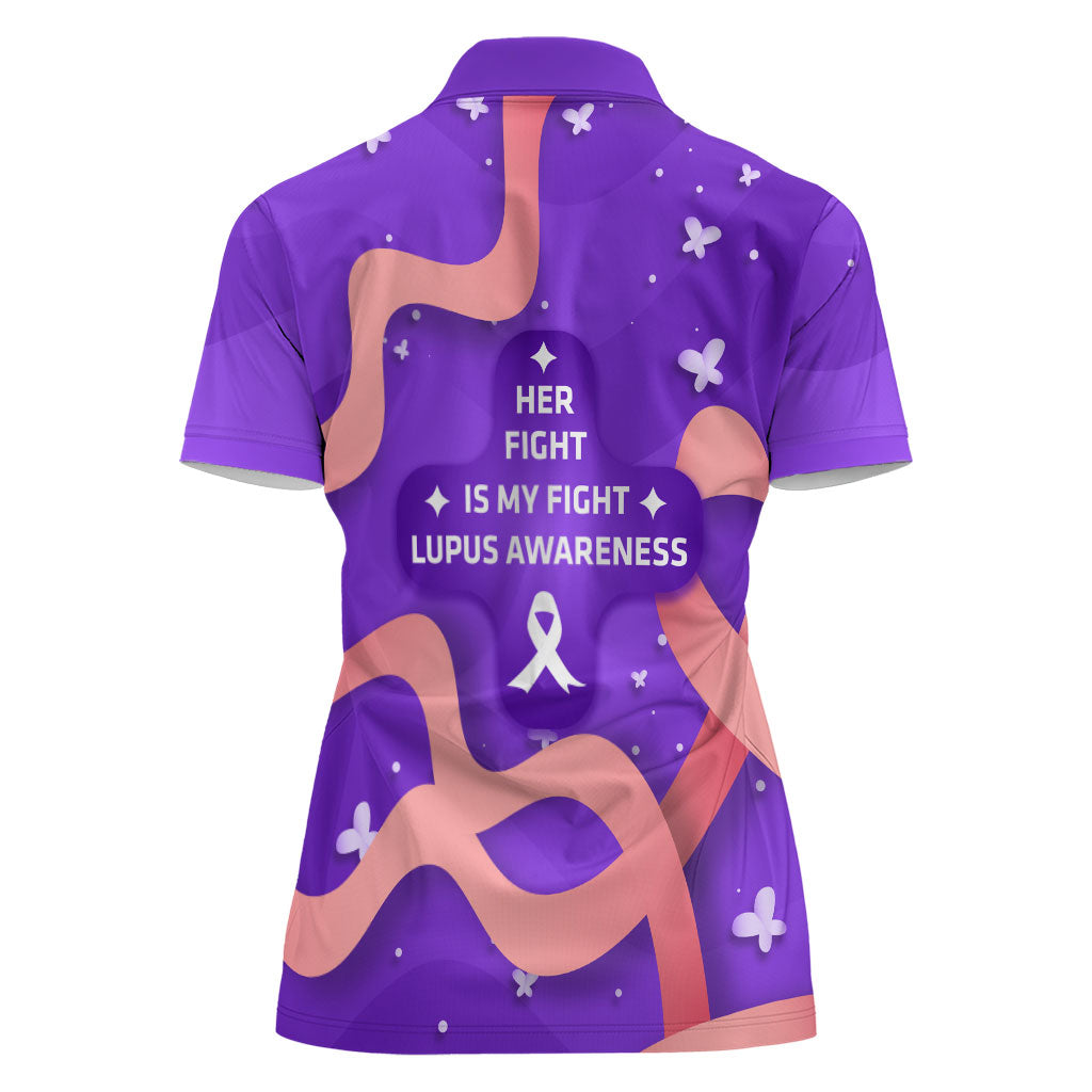 Lupus Awareness Women Polo Shirt Her Fight Is My Fight - Purple Ribbon Butterfly Wave Style