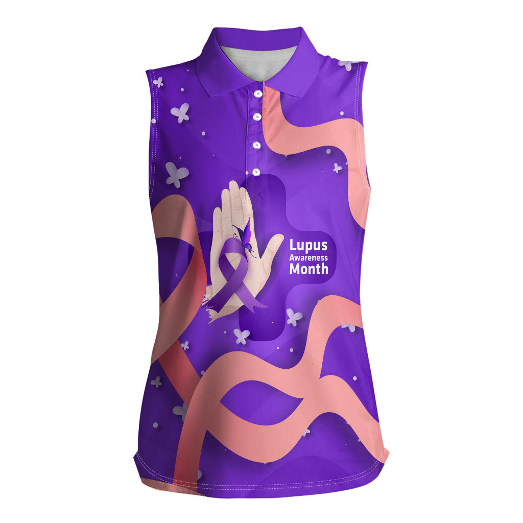 Lupus Awareness Women Sleeveless Polo Shirt Her Fight Is My Fight - Purple Ribbon Butterfly Wave Style