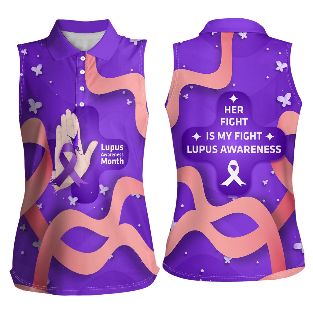 Lupus Awareness Women Sleeveless Polo Shirt Her Fight Is My Fight - Purple Ribbon Butterfly Wave Style