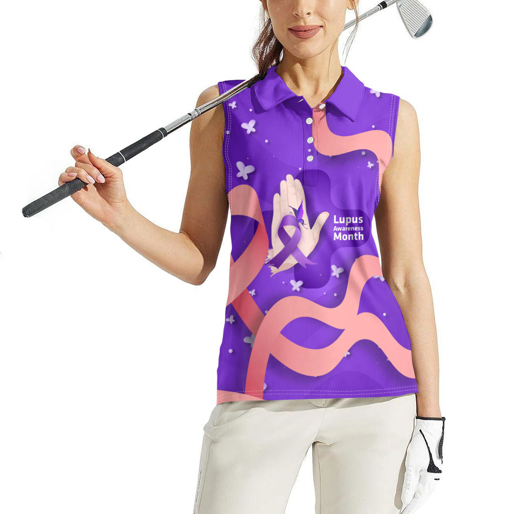 Lupus Awareness Women Sleeveless Polo Shirt Her Fight Is My Fight - Purple Ribbon Butterfly Wave Style