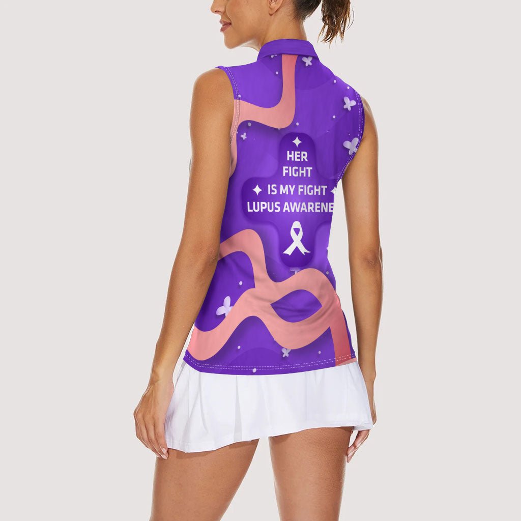 Lupus Awareness Women Sleeveless Polo Shirt Her Fight Is My Fight - Purple Ribbon Butterfly Wave Style