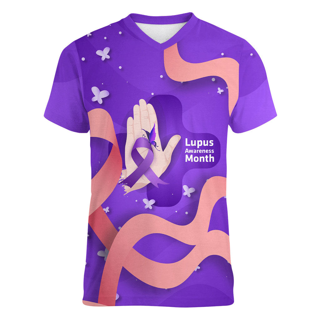 Lupus Awareness Women V-Neck T-Shirt Her Fight Is My Fight - Purple Ribbon Butterfly Wave Style
