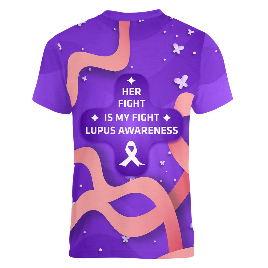 Lupus Awareness Women V-Neck T-Shirt Her Fight Is My Fight - Purple Ribbon Butterfly Wave Style