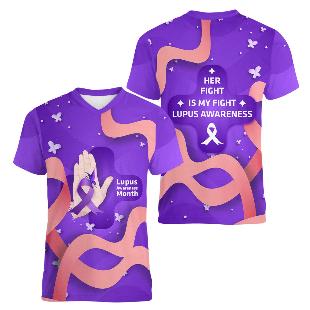 Lupus Awareness Women V-Neck T-Shirt Her Fight Is My Fight - Purple Ribbon Butterfly Wave Style