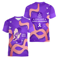 Lupus Awareness Women V-Neck T-Shirt Her Fight Is My Fight - Purple Ribbon Butterfly Wave Style