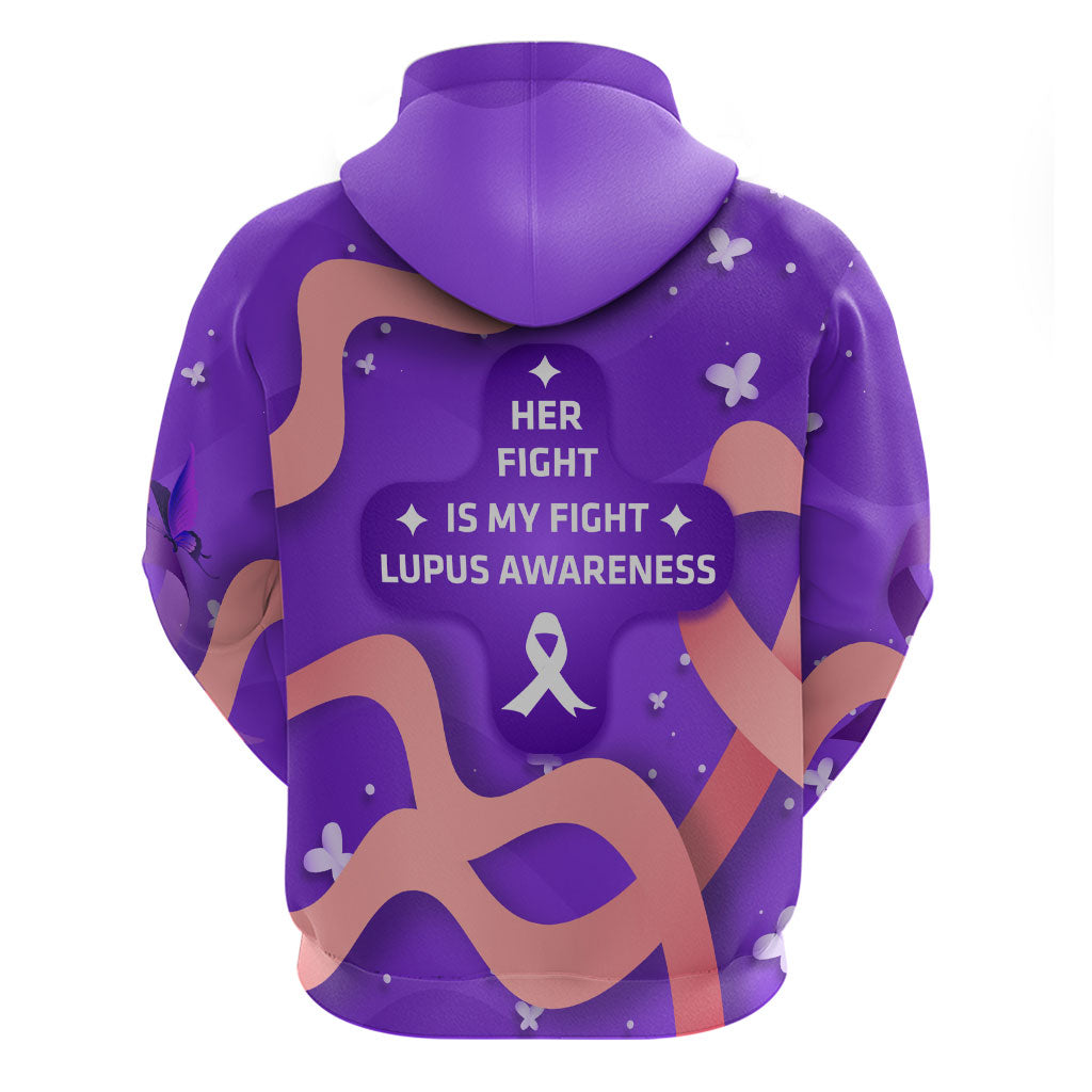 Lupus Awareness Zip Hoodie Her Fight Is My Fight - Purple Ribbon Butterfly Wave Style