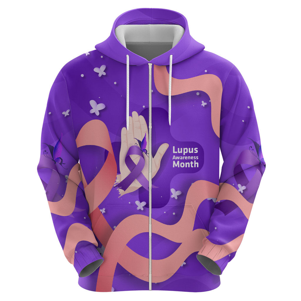 Lupus Awareness Zip Hoodie Her Fight Is My Fight - Purple Ribbon Butterfly Wave Style