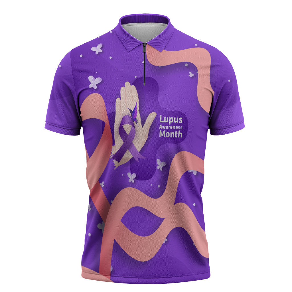 Lupus Awareness Zipper Polo Shirt Her Fight Is My Fight - Purple Ribbon Butterfly Wave Style