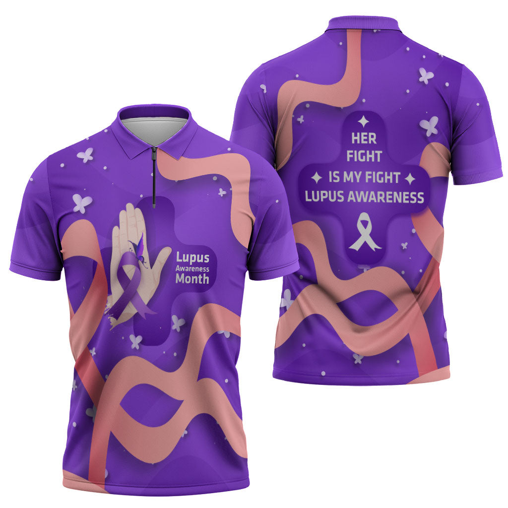 Lupus Awareness Zipper Polo Shirt Her Fight Is My Fight - Purple Ribbon Butterfly Wave Style