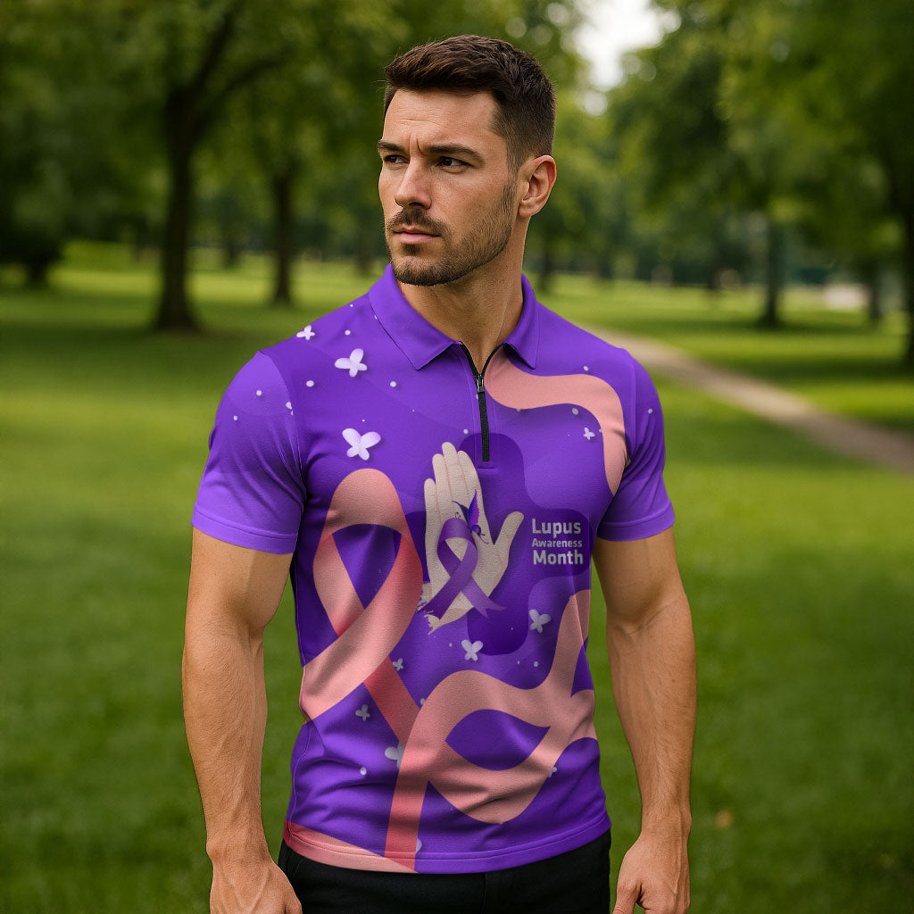 Lupus Awareness Zipper Polo Shirt Her Fight Is My Fight - Purple Ribbon Butterfly Wave Style