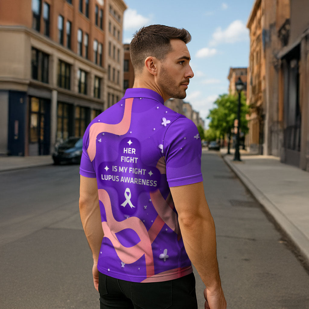 Lupus Awareness Zipper Polo Shirt Her Fight Is My Fight - Purple Ribbon Butterfly Wave Style