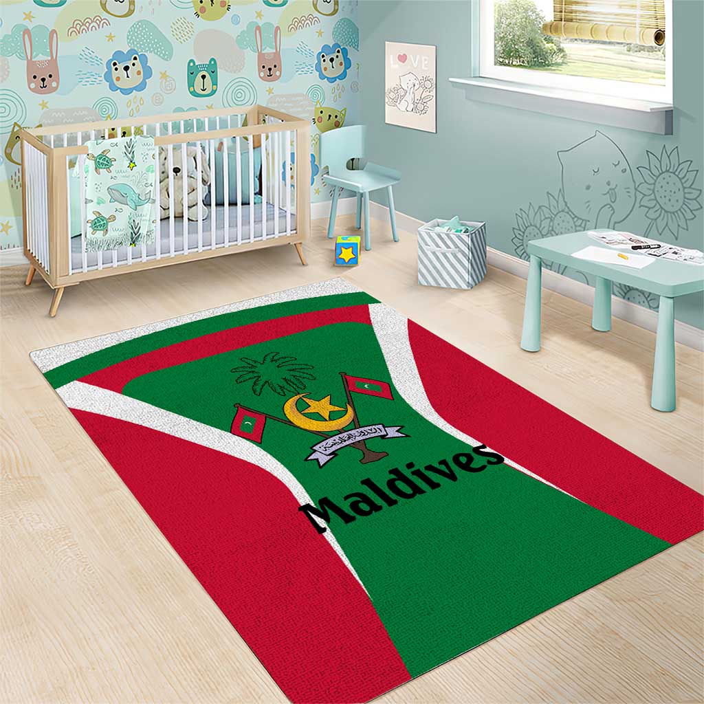 Maldives National Flag and Emblem Area Rug with Green Red White Colorblock Design
