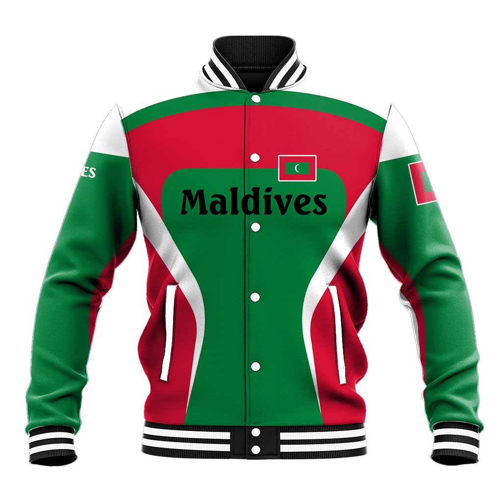 Maldives National Flag and Emblem Baseball Jacket with Green Red White Colorblock Design