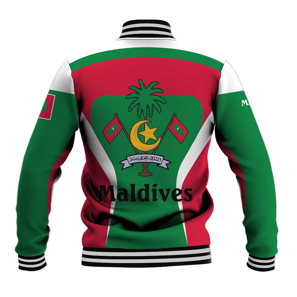 Maldives National Flag and Emblem Baseball Jacket with Green Red White Colorblock Design