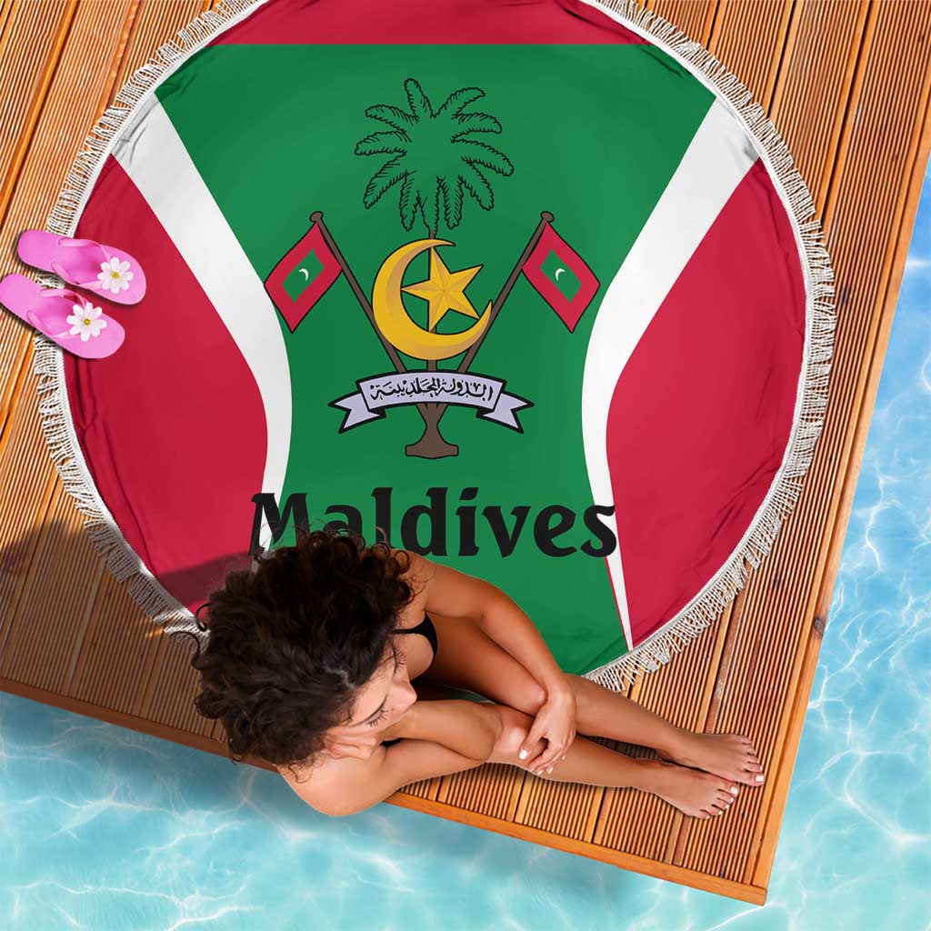 Maldives National Flag and Emblem Beach Blanket with Green Red White Colorblock Design
