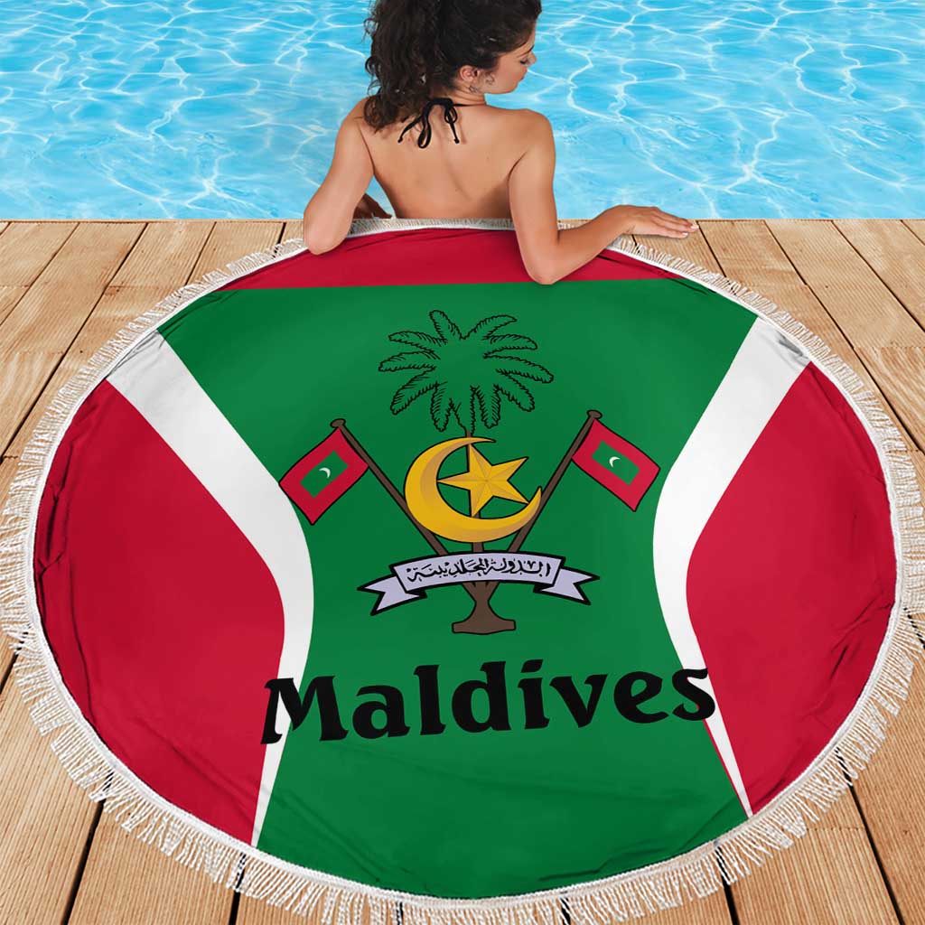 Maldives National Flag and Emblem Beach Blanket with Green Red White Colorblock Design