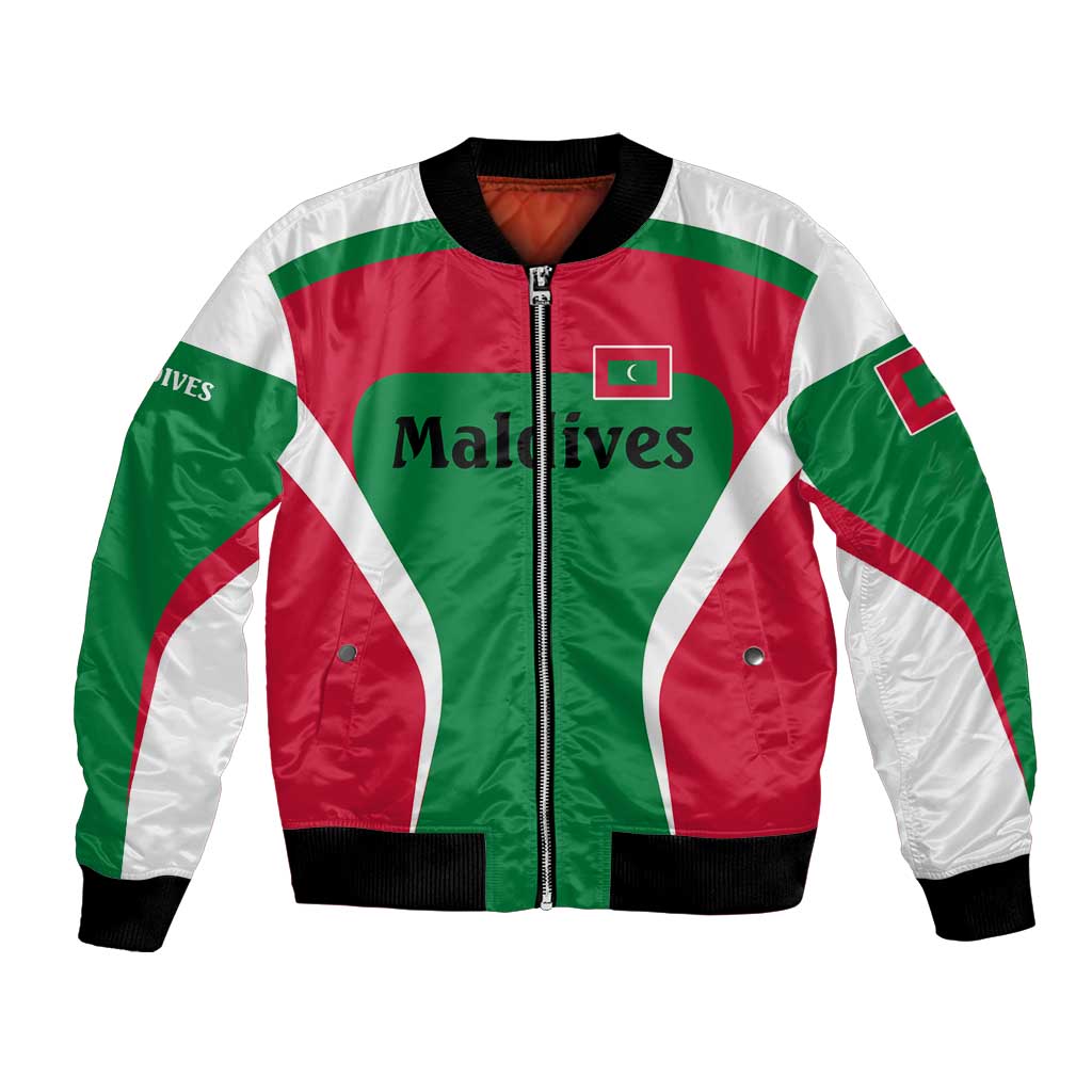 Maldives National Flag and Emblem Bomber Jacket with Green Red White Colorblock Design
