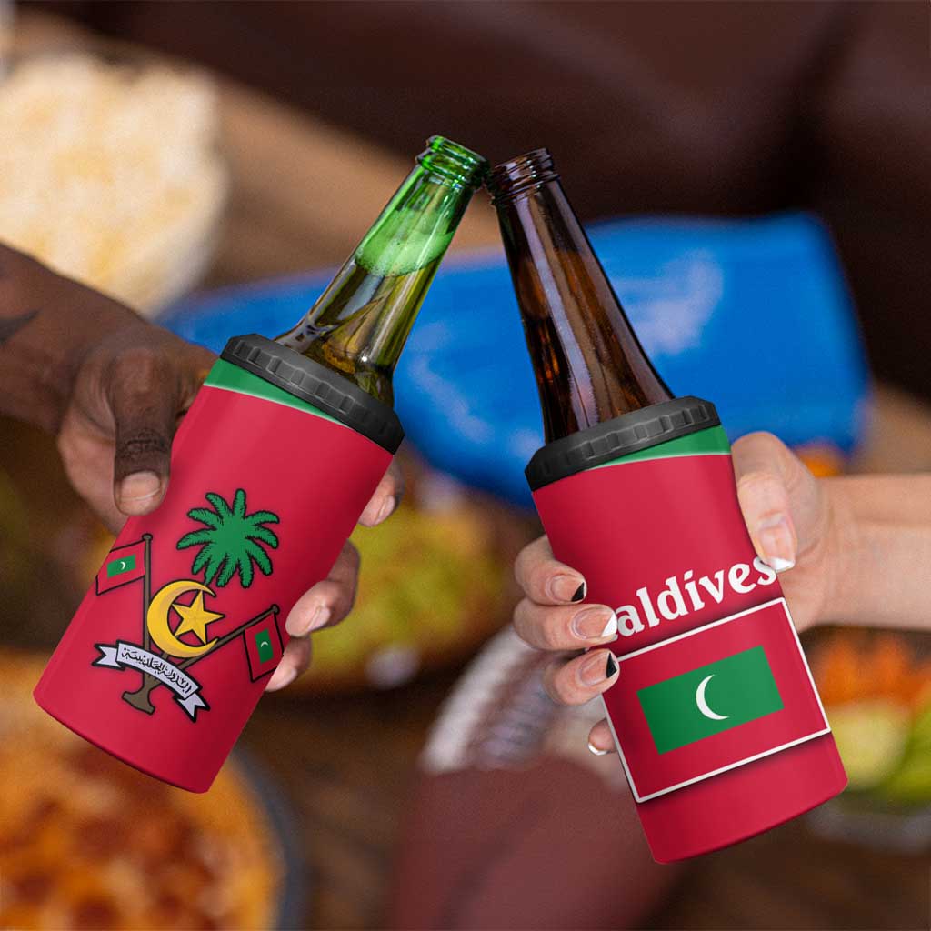 Maldives National Flag and Emblem 4 in 1 Can Cooler Tumbler with Green Red White Colorblock Design