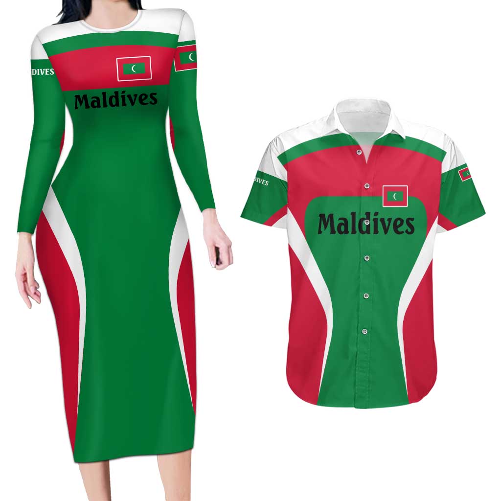 Maldives National Flag and Emblem Couples Matching Long Sleeve Bodycon Dress and Hawaiian Shirt with Green Red White Colorblock Design