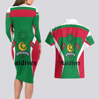 Maldives National Flag and Emblem Couples Matching Long Sleeve Bodycon Dress and Hawaiian Shirt with Green Red White Colorblock Design