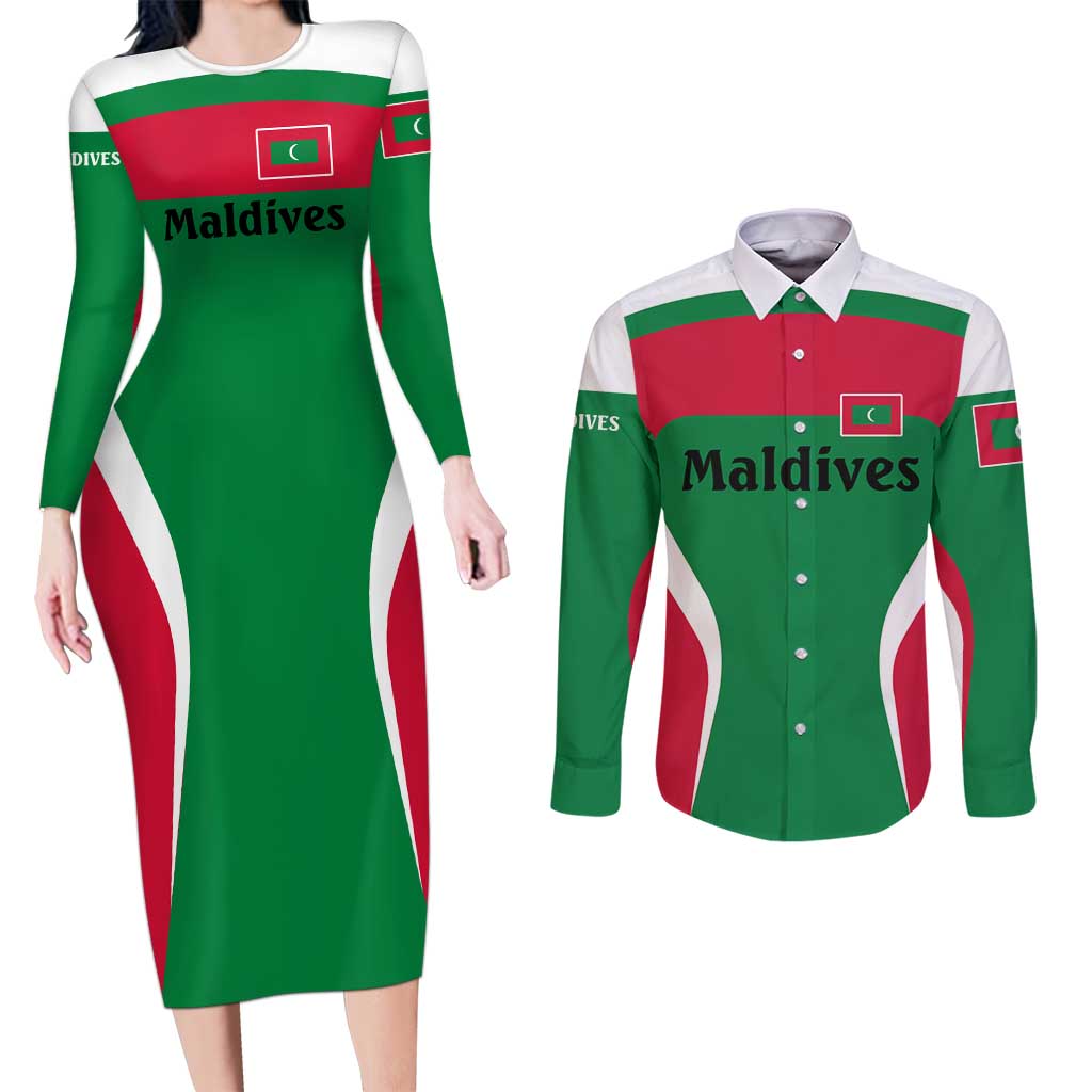 Maldives National Flag and Emblem Couples Matching Long Sleeve Bodycon Dress and Long Sleeve Button Shirt with Green Red White Colorblock Design