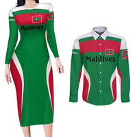 Maldives National Flag and Emblem Couples Matching Long Sleeve Bodycon Dress and Long Sleeve Button Shirt with Green Red White Colorblock Design