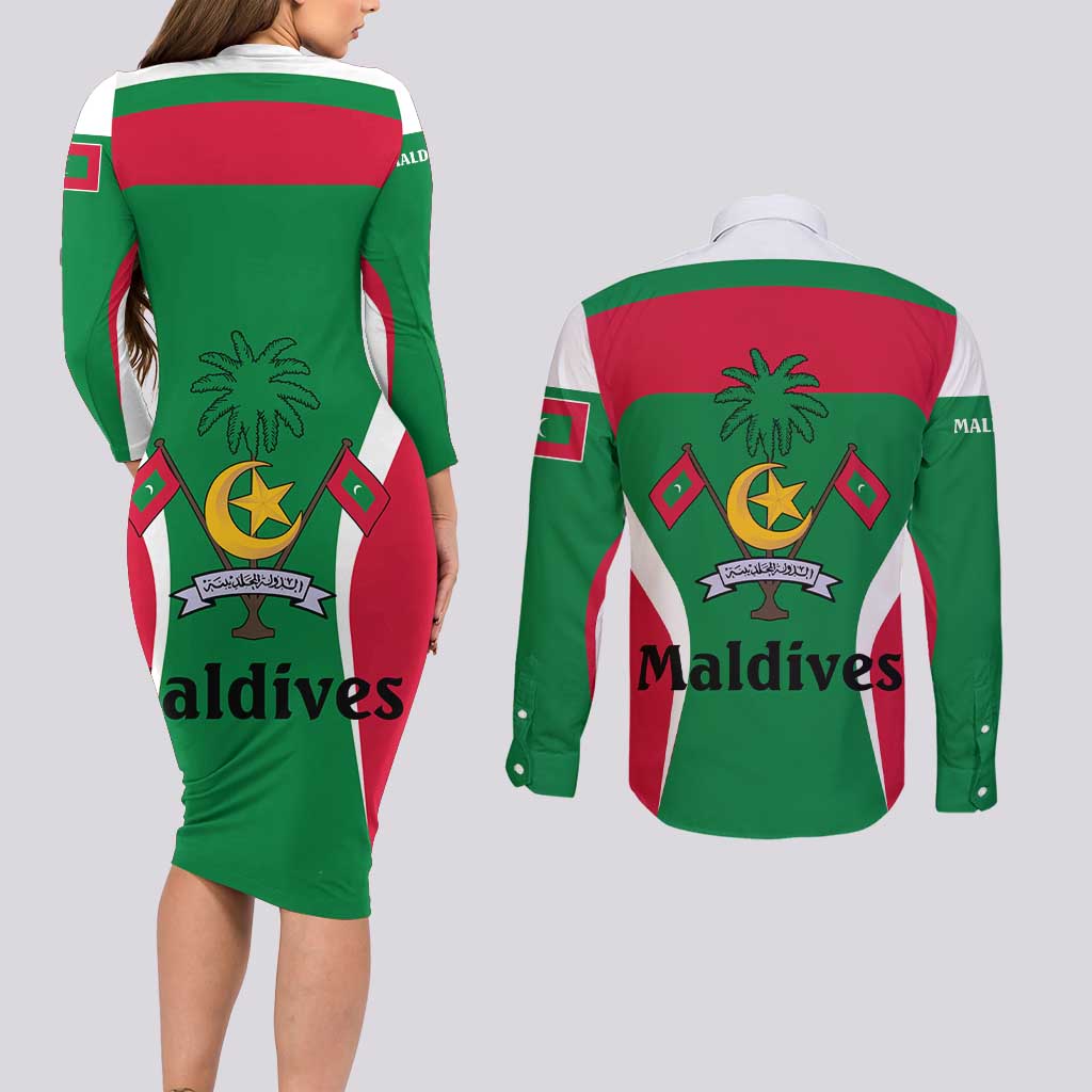 Maldives National Flag and Emblem Couples Matching Long Sleeve Bodycon Dress and Long Sleeve Button Shirt with Green Red White Colorblock Design