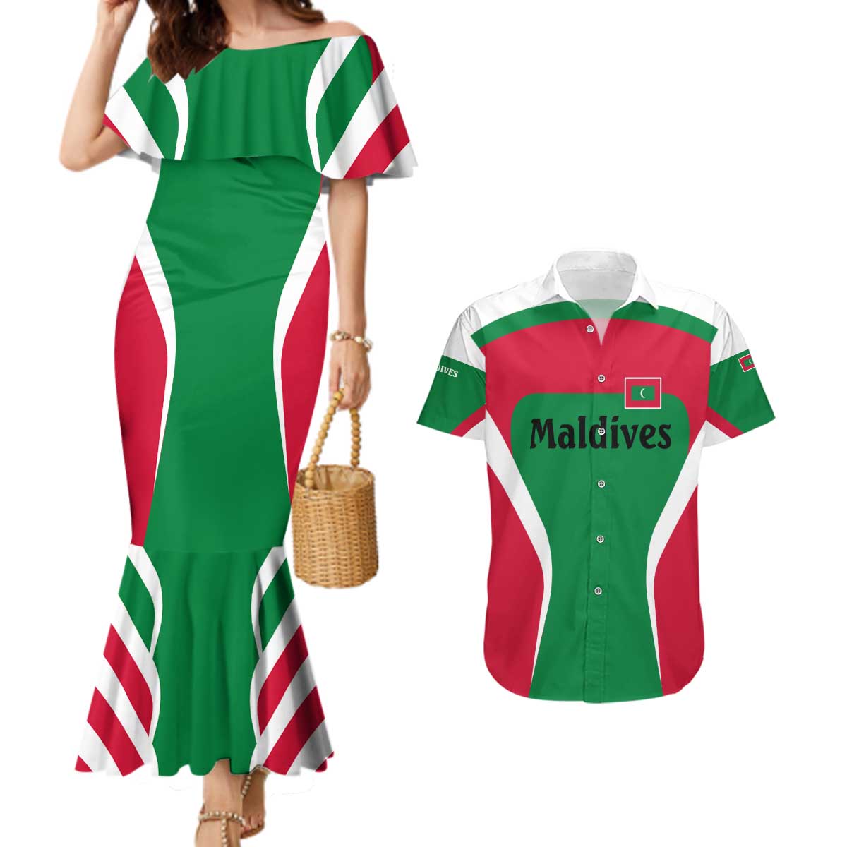 Maldives National Flag and Emblem Couples Matching Mermaid Dress and Hawaiian Shirt with Green Red White Colorblock Design