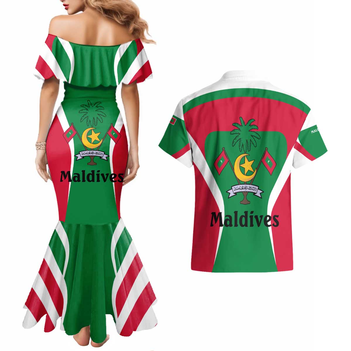 Maldives National Flag and Emblem Couples Matching Mermaid Dress and Hawaiian Shirt with Green Red White Colorblock Design