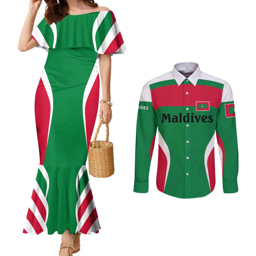 Maldives National Flag and Emblem Couples Matching Mermaid Dress and Long Sleeve Button Shirt with Green Red White Colorblock Design
