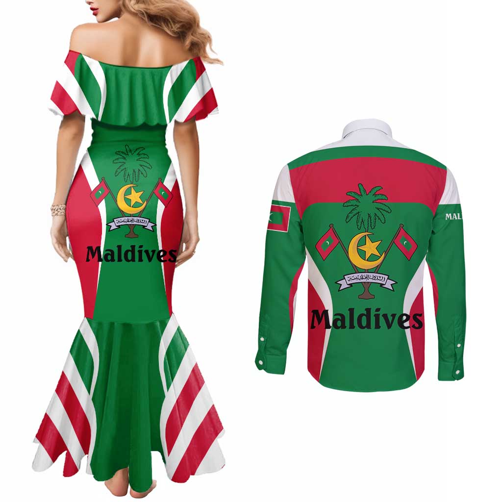 Maldives National Flag and Emblem Couples Matching Mermaid Dress and Long Sleeve Button Shirt with Green Red White Colorblock Design