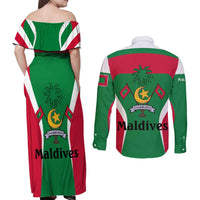 Maldives National Flag and Emblem Couples Matching Off Shoulder Maxi Dress and Long Sleeve Button Shirt with Green Red White Colorblock Design