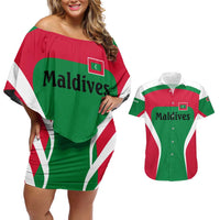 Maldives National Flag and Emblem Couples Matching Off Shoulder Short Dress and Hawaiian Shirt with Green Red White Colorblock Design
