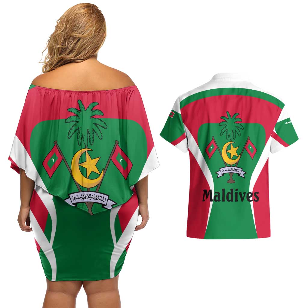 Maldives National Flag and Emblem Couples Matching Off Shoulder Short Dress and Hawaiian Shirt with Green Red White Colorblock Design
