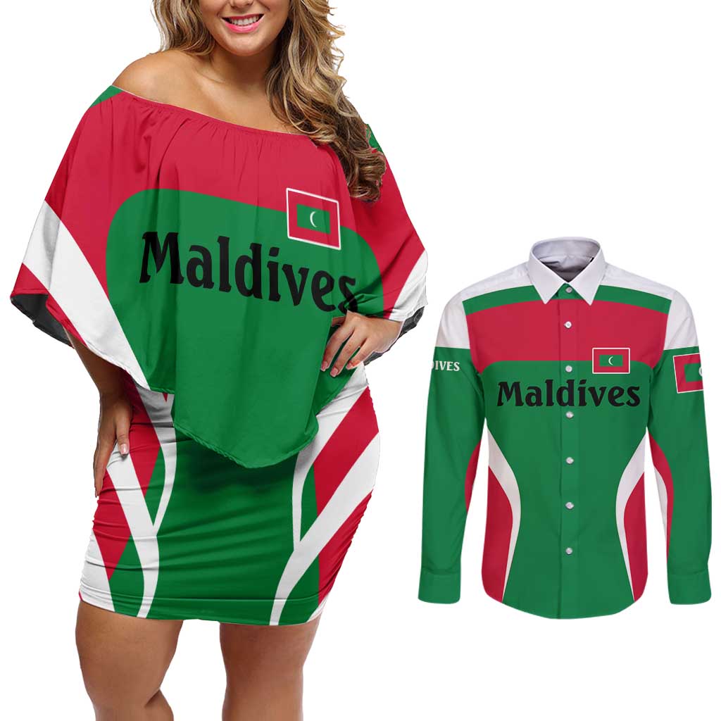 Maldives National Flag and Emblem Couples Matching Off Shoulder Short Dress and Long Sleeve Button Shirt with Green Red White Colorblock Design