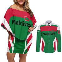 Maldives National Flag and Emblem Couples Matching Off Shoulder Short Dress and Long Sleeve Button Shirt with Green Red White Colorblock Design